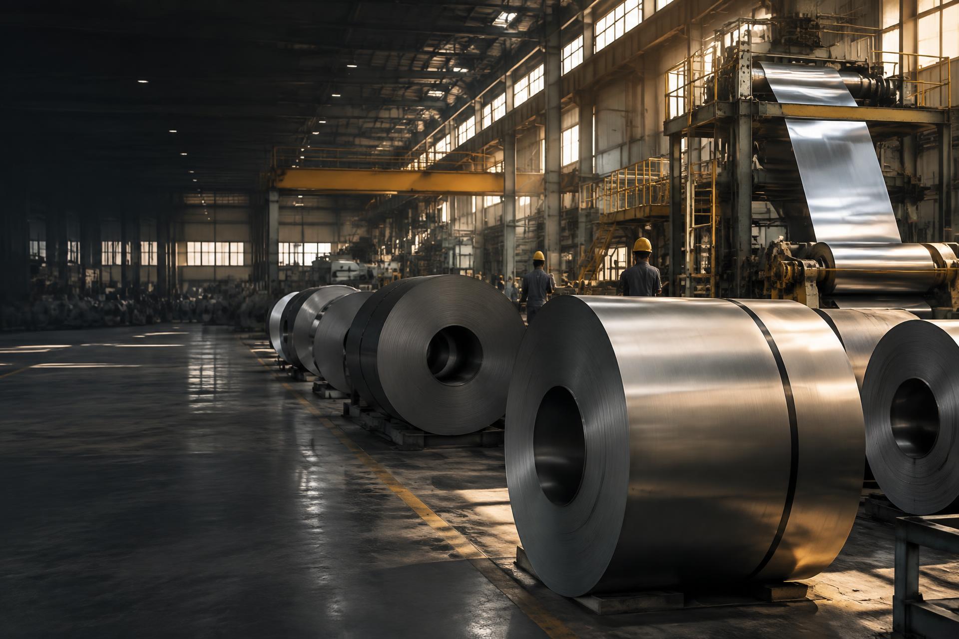 Steel coils inside a modern industrial production facility